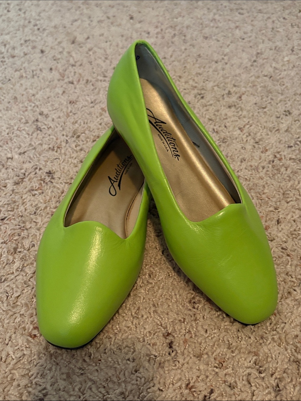 Bright Green Chartreuse Genuine Leather Slip-On Ballet Flats Loafers USA Made